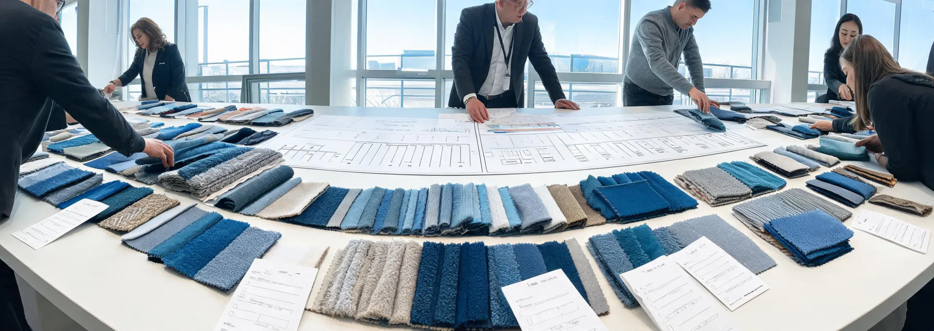 Fabric selection table with upholstery swatches and specification tools